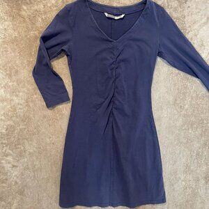 ATHLETA Fitted Dress Navy Blue Quarter Sleeve Ruched Front Sz XS Organic Cotton